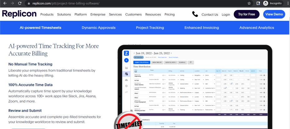 Replicon productivity report