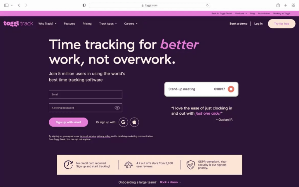 toggl track new homepage