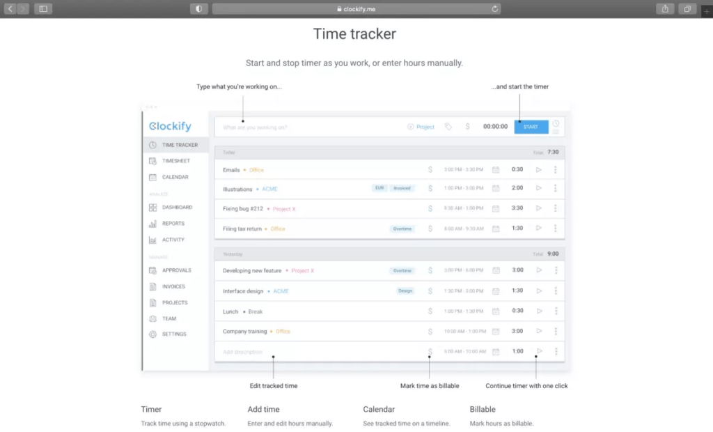 Clockify Interactive time tracking