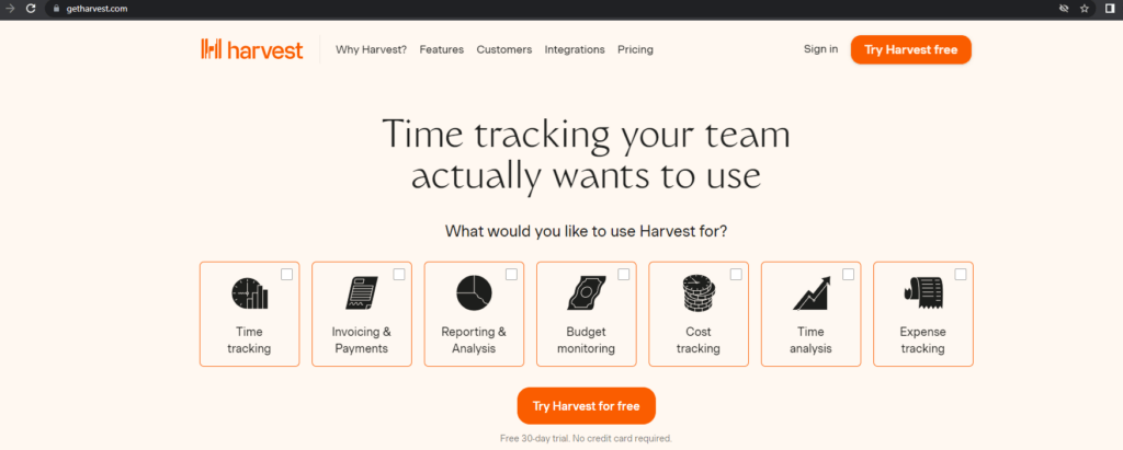 Harvest homepage