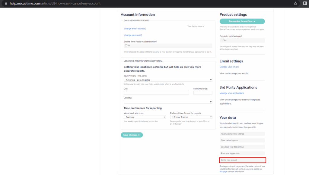 Rescue time delete account