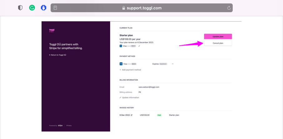 Toggl Cancel plan