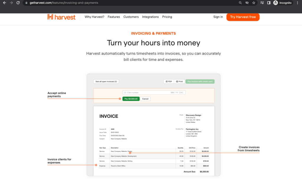 Harvest invoicing & payments