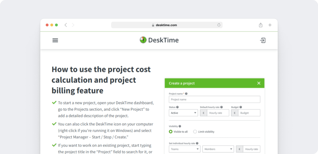 DeskTime project and task management