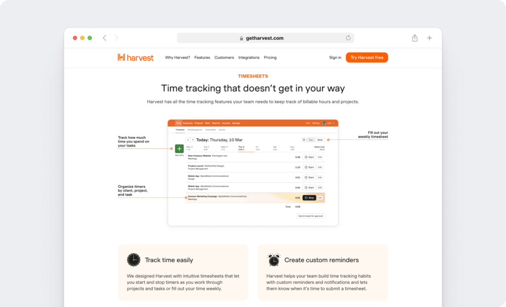 Harvest billable hours tracking