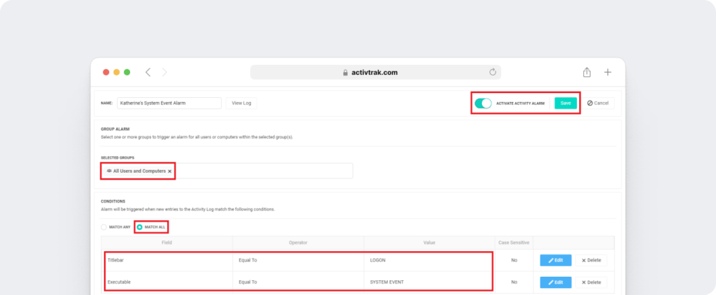 ActivTrak custom alarm