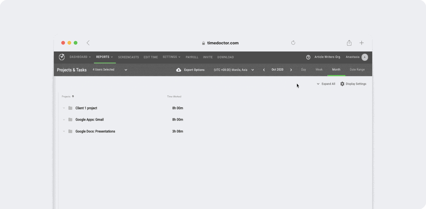 Time Doctor projects & tasks report