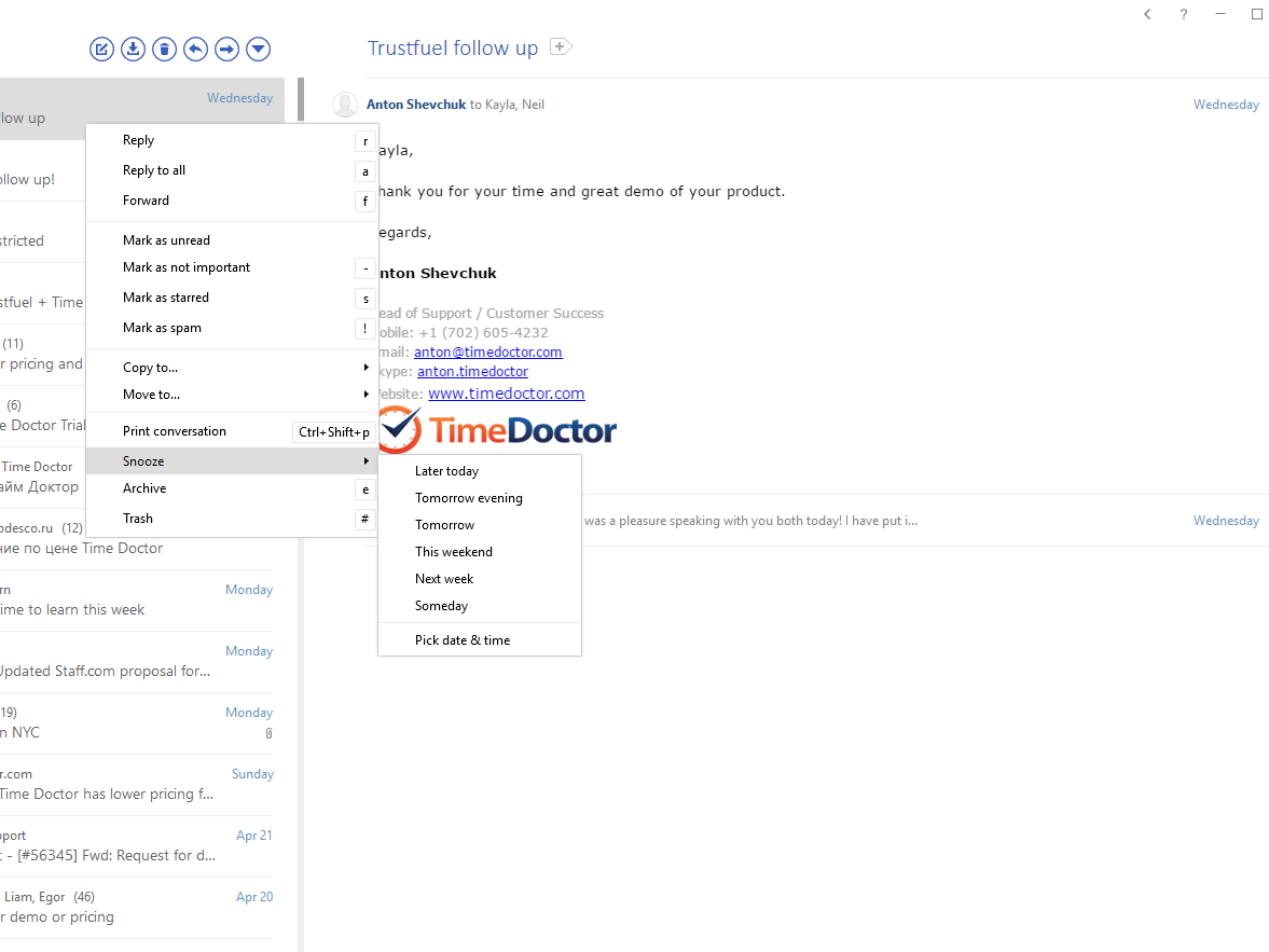 Mailbird snooze feature