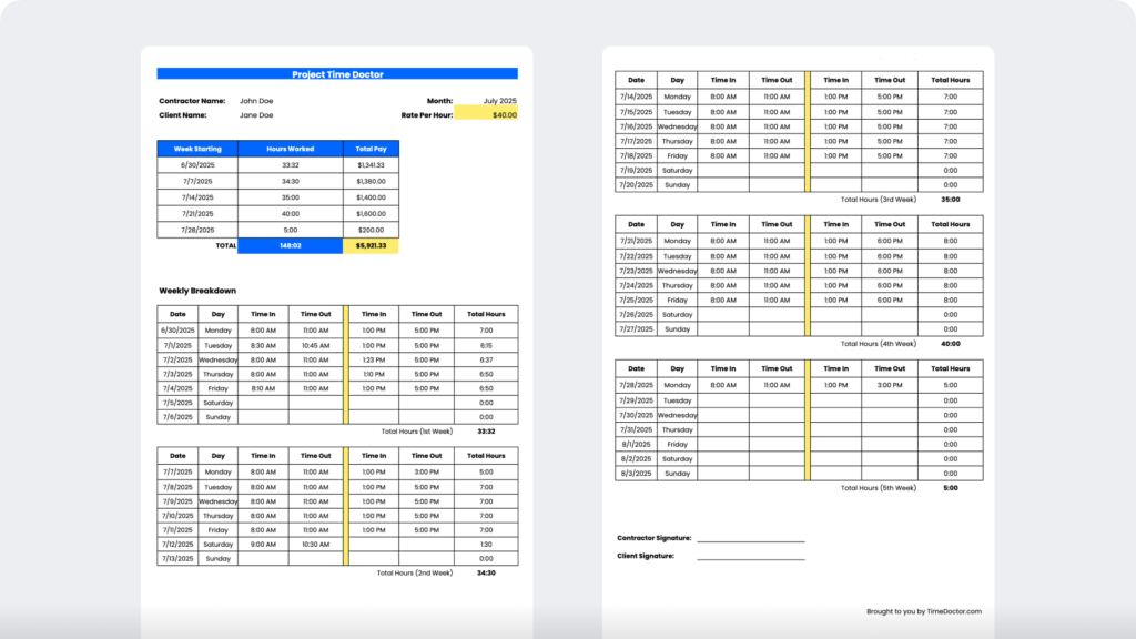 Contractor Monthly Timesheet Template