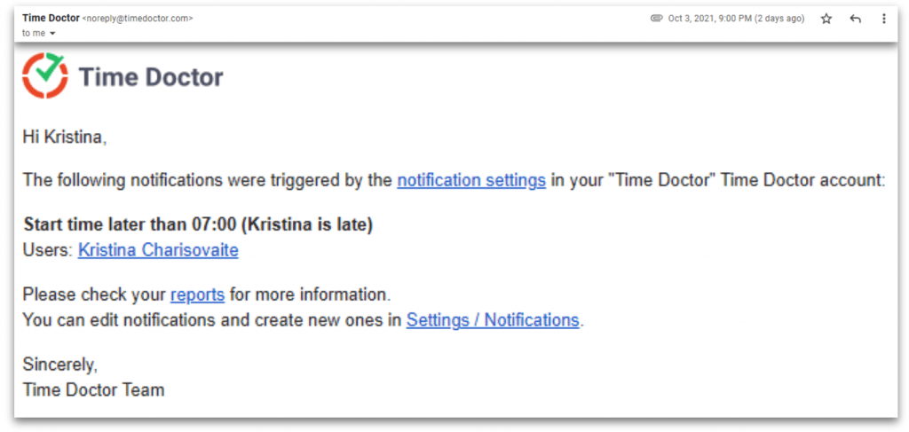 time doctor email notification
