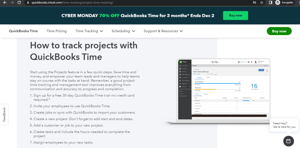 Tsheets' project management feature