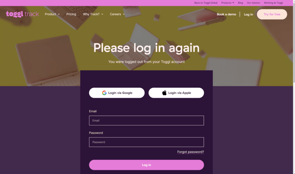 Toggl track login page