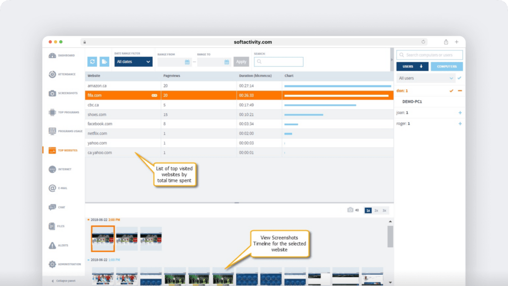 SoftActivity keystrokes and screenshots